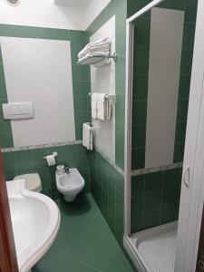 a green bathroom with a toilet and a sink at Central Park in Massa Lubrense