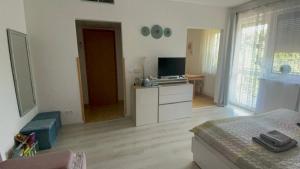 a living room with a bed and a television in it at Joy Apartman in Zalakaros