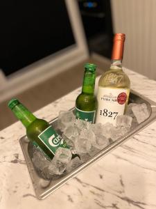dwie butelki wina i lodu na tacy w obiekcie Elite Summer Suite w mieście Năvodari
