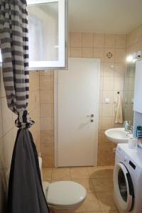 Vila Puha في Vrakúň: حمام به مرحاض أبيض ومغسلة