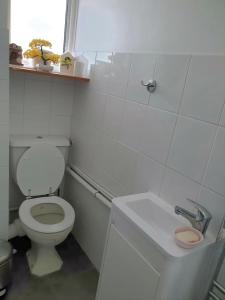 a white bathroom with a toilet and a sink at Rowland Hill House in London