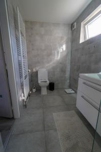 a bathroom with a white toilet and a window at Vila Puha in Vrakúň