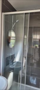 a glass wall in a bathroom with a toilet at Adorable 1 bed log cabin with log burner in Frome