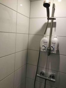 - une salle de bains avec 2 bouteilles de shampoing sur une étagère dans l'établissement Cottage, boat, spa, private dock, Lillesand, à Lillesand