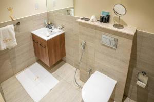 a bathroom with a toilet and a sink and a mirror at Blackforest 2BR Duplex at Masdar Oasis in Abu Dhabi