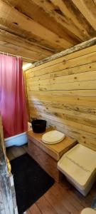 本赫沃的住宿－Unique off-grid cabin in raw nature: Bucephalus，木制桑拿浴室设有卫生间和红色窗帘