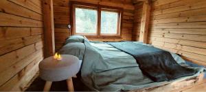 Un pat sau paturi într-o cameră la Unique off-grid cabin in raw nature: Bucephalus