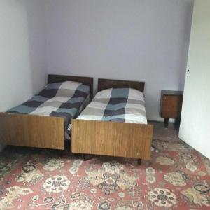 two twin beds in a room with a rug at Norik's Beach Rest Cottages in Sevan