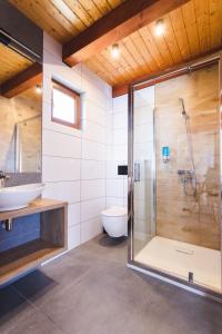 a bathroom with a shower and a sink and a toilet at Domki Ania in Łeba