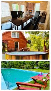 two pictures of a house with a table and a pool at Chata Ignasia pod Śnieżnikiem 1 na działce in Stronie Śląskie