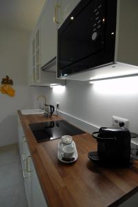 a kitchen with a sink and a microwave over a counter at Le Case di Elena - Gignese in Gignese