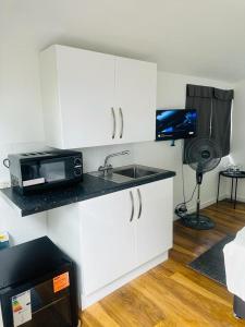 uma cozinha com um lavatório e um micro-ondas em Comfortable Annex em Orsett