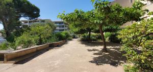 弗雷瑞斯Studio proche plage tout à pied的一座庭院,庭院里种着树,建筑里