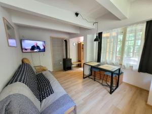 a living room with a bed and a tv on a wall at Domek Seleny w Dolinie Symsarny in Lidzbark Warmiński