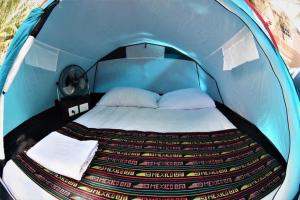 een bed in een blauwe leguaanse tent bij Kin Hostal and Camping in Holbox Island