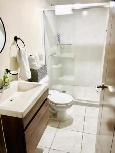 a bathroom with a toilet and a sink and a shower at Casa Familiar Chocolate - Olímpica - 5 Min del Malecón in Mazatlán