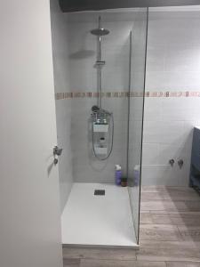 a shower with a glass door in a bathroom at Carballo Alenza,2 in Castro Caldelas +18 photos
