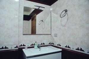uma casa de banho com um lavatório e um espelho em Tirana Taiwan Center em Tirana