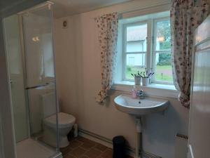 uma casa de banho com um lavatório, um WC e uma janela. em Trevligt eget hus med kakelugn i lantlig miljö em Vikingstad