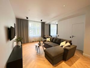 a living room with a couch and a table at Silver Apartment in Daugavpils