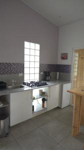 a kitchen with a sink and a stove top oven at Finca Colibri in Boca Chica