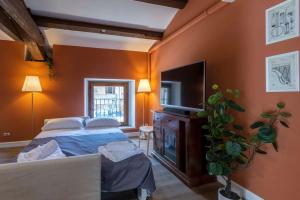 una camera da letto con pareti arancioni, un letto e una TV di (Sferisterio) Casa Carmen con idromassaggio a Macerata