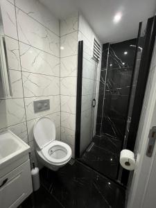 a bathroom with a toilet and a shower at Жилой комплекс «Лавиния-1» in Erdemli