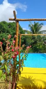 uma vista para uma piscina com uma parede amarela e flores em Recanto Mirea em Beberibe