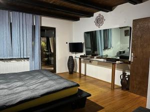 1 dormitorio con cama y escritorio con espejo grande en Villa Hacienda - Holiday Home en Bihać