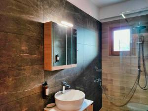 y baño con lavabo y ducha. en Majestic Vista Residence, en Metsovo