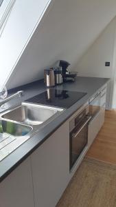 a kitchen with a sink and a stove at Ferienwohnung an der Wassermühle in Hermannsburg in Hermannsburg +5 photos