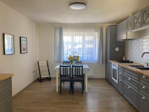 a kitchen with a table with chairs and a window at Palava Holiday House in Šakvice