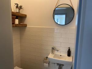 La salle de bains est pourvue d'un lavabo et d'un miroir. dans l'établissement Palava Holiday House, à Šakvice