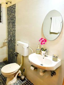 a bathroom with a toilet and a sink and a mirror at Reev's Homestay: Luxury 2 Bedroom apartment in Arossim-Cansaulim