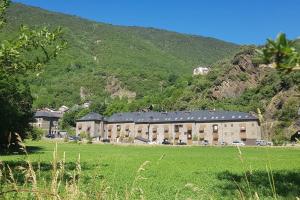 a large building in a field next to a mountain at Cal Teixidó in Ribera de Cardós