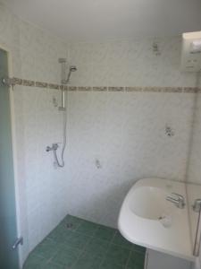 uma casa de banho com um chuveiro e um lavatório. em Bramkamp Pension em Dallgow