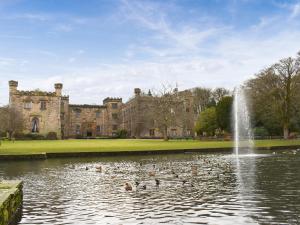 a pond in front of a castle with ducks in it at Acre Hill Lodge in Harrop Fold