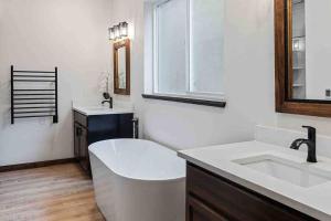 a bathroom with a sink and a bath tub at Luxe Mt. Rainier Lodge w/ Hot Tub-AC-Game Room in Ashford +20 photos