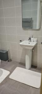 La salle de bains blanche est pourvue d'un lavabo et d'un miroir. dans l'établissement Cross River, à Durham