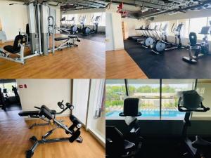 a gym with cardio equipment and a swimming pool at Sebby Studio in Bacolod