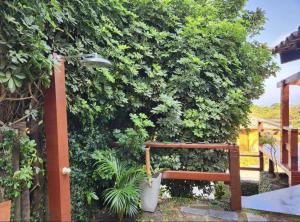 布希奧斯的住宿－Casa em condomínio para 6 na Praia do Forno, Búzios-PISCINA EM MANUTENÇÃO ATÉ 30 DE JUNHO，坐在灌木丛前的木凳
