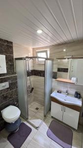 a bathroom with a shower and a toilet and a sink at Anemon Residence in Alanya