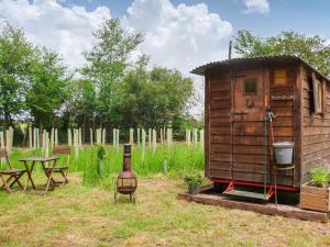 a small wooden house with a picnic table and a table at Falgate Shepherds Hut in Caston