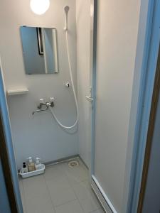 ein Bad mit einer Dusche und einem Spiegel in der Unterkunft One World Activity in Kumejima