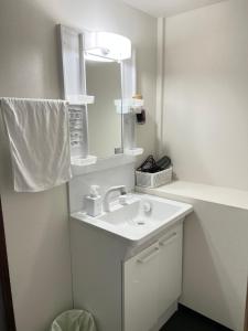 Baño blanco con lavabo y espejo en One World Activity en Kumejima