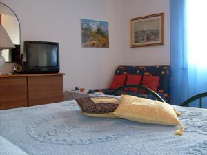 Habitación con cama con almohada y TV. en B&b La Fattoria en Pastrengo