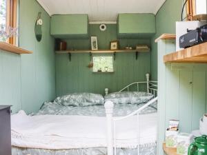 a bedroom with a bed in a room with green walls at Falgate Shepherds Hut in Caston