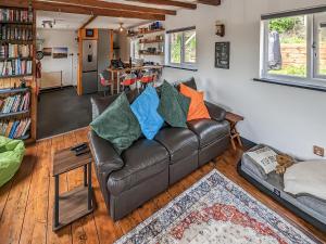 a living room with a leather couch with colorful pillows at 66 Fish in Rye