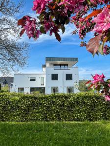 ein weißes Gebäude hinter einer Hecke mit rosa Blumen in der Unterkunft Penthouse Wohnung mit Terrasse & Sauna - Wildecker Ferienbutze in Hönebach