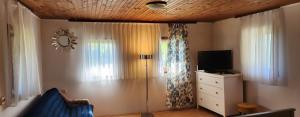 a living room with a blue couch and a television at Old Mill in Slavsko Polje